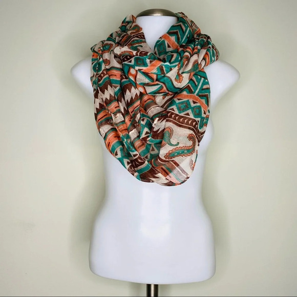 Tan Teal Lightweight Aztec Paisley Geometric Print Infinity Scarf - Picture 1 of 3
